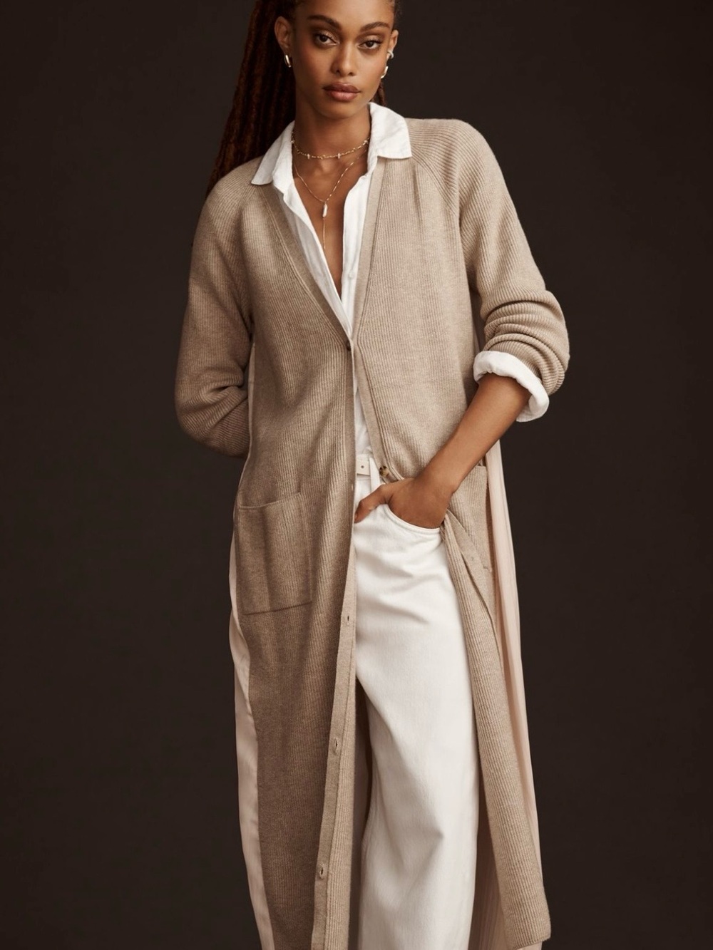Anthropologie Long Twofer Cardigan Sweater - Beige